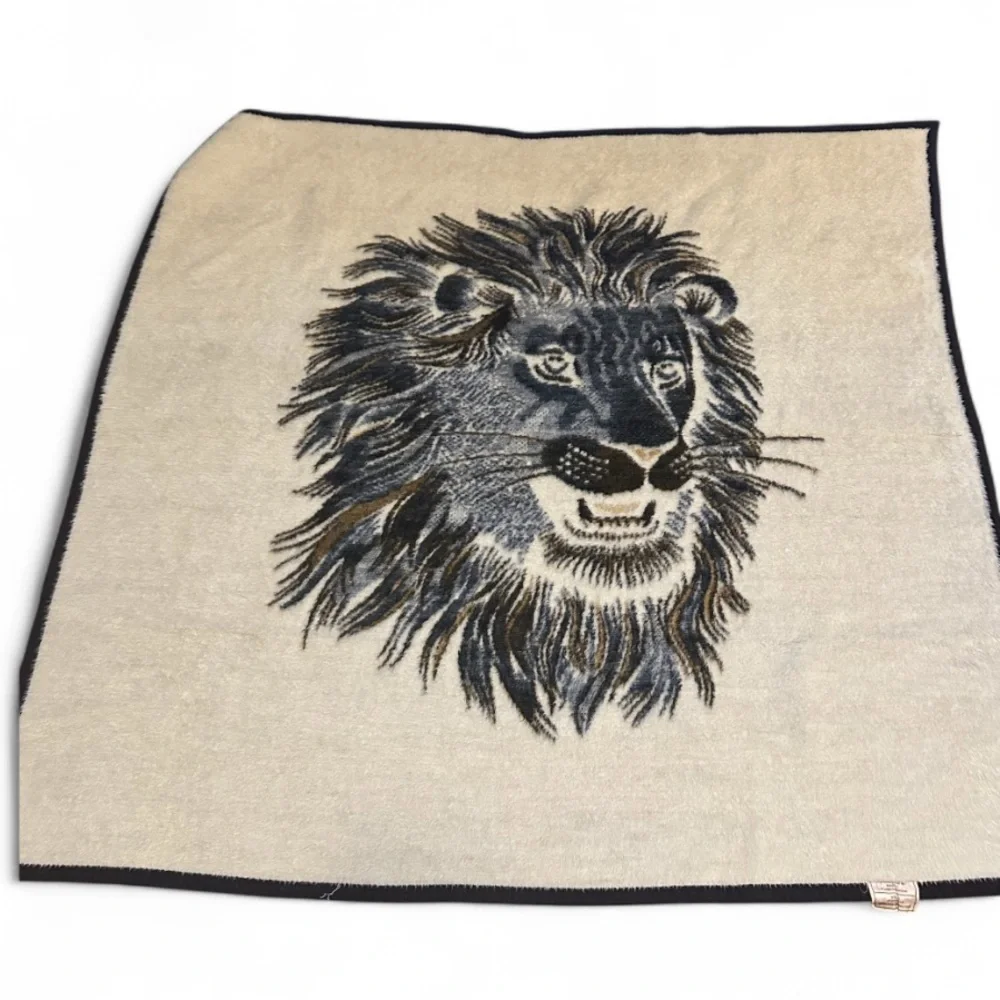 Vintage Biederlack Virgin Acrylic Lion Head Blanket Brown Tan 55”x57” USA Made